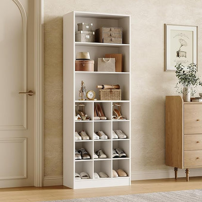 LITTLE TREE Tall Shoe Cabinet, Free Standing 24-Pair Organizer, 7-Tier Shelf + Side Hooks, Space-Saving Storage for Entryway, Hallway, for Shoes, Boots & Accessories, (2, White)