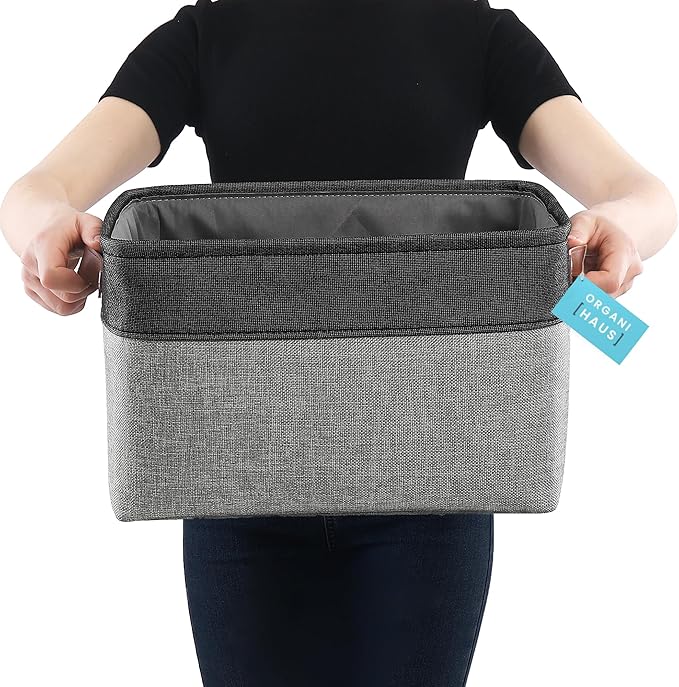 OrganiHaus 15x11in Canvas Storage Baskets 3 Pack | LARGE Fabric Bins for Shelves | Closet & Bedroom Storage | Gray/Black