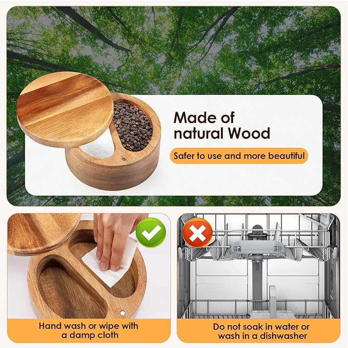 UKQRRTC Salt and Pepper Bowl Acacia Wood Salt and Pepper Box with Rotating Magnetic Lid 2 Compartments Salt and Pepper Cellar with Spoons Salt Spice Box for Salt Pepper Spice Sugar