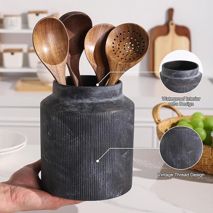Farmhouse Ceramic Farmhouse Kitchen Utensil Holder for Countertop, Rustic Cooking Utensil Holder Crock Fit for Kitchen Counter. Bronze 6.1 x 6.1 x 7 IN