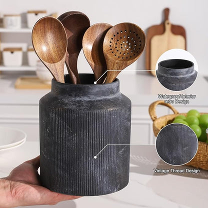 Farmhouse Ceramic Farmhouse Kitchen Utensil Holder for Countertop, Rustic Cooking Utensil Holder Crock Fit for Kitchen Counter. Bronze 6.1 x 6.1 x 7 IN
