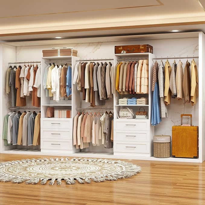 Closet System with 2 Set, 4FT-15FT Closet Organizer System with 6 Wooden Drawers Walk-in Closet Storage System with 10 Expandable Hanging Rods Garment Rack Wall Mount White