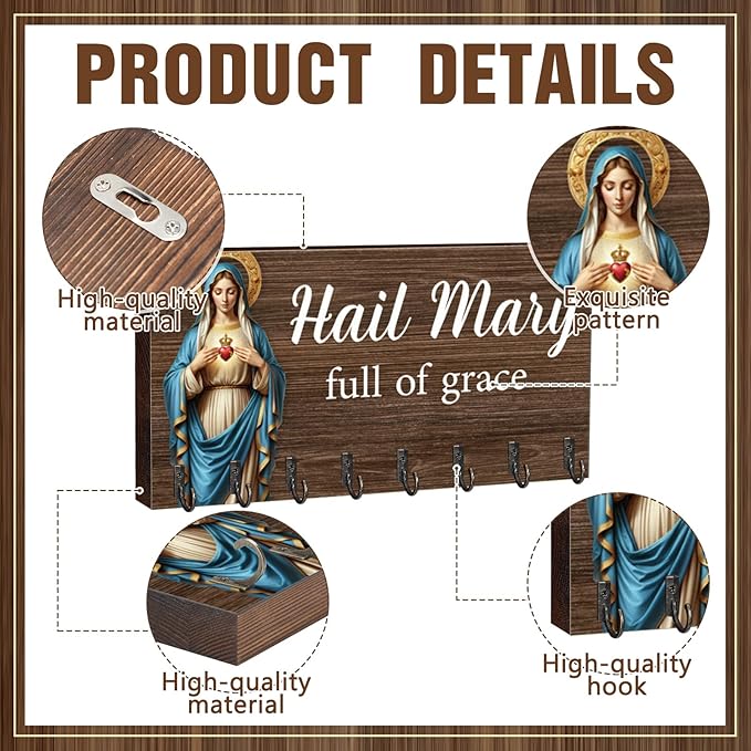 Chunful 2 Pack Rosary Holder Wall Mounted with 16 Hooks Wooden Rosary Hanger Religious Jewelry Hanger Organizer Decorative Jewelry Shelf Catholic Wall Decor for Necklace Bracelet Godparent Gift