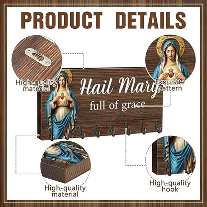 Chunful 2 Pack Rosary Holder Wall Mounted with 16 Hooks Wooden Rosary Hanger Religious Jewelry Hanger Organizer Decorative Jewelry Shelf Catholic Wall Decor for Necklace Bracelet Godparent Gift