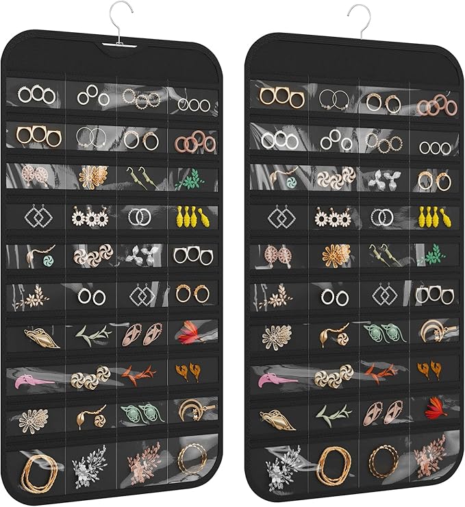 1 Pack Hanging Jewelry Organizer 80-Pocket Dual-sided Jewelry Storage for Earring Necklace Bracelet Ring Travel Holder, Black