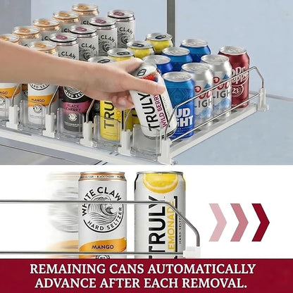 Self-Pushing Beverage Organizer for Fridge – Adjustable Spring Loaded Drink Dispenser & Soda Can Organizer – Clear Glide Rack Fits Cans, Bottles, Slim & Standard Sizes for Kitchen Pantry (5 Rows)