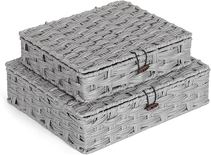 Plastic Wicker Storage Baskets with Lids, 2-Pack Woven Rattan Organizer Bins with Locking Button, Decorative Flat Storage Boxes, 11"x9.25"x2.75" & 13"x11.2"x3.5", Gray