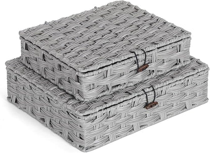 Plastic Wicker Storage Baskets with Lids, 2-Pack Woven Rattan Organizer Bins with Locking Button, Decorative Flat Storage Boxes, 11"x9.25"x2.75" & 13"x11.2"x3.5", Gray