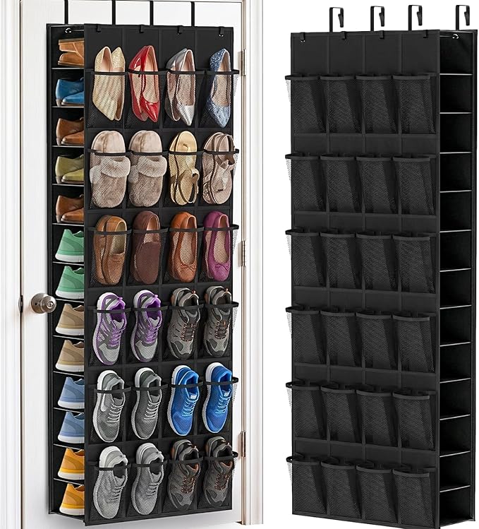Ofiray-home Over The Door Shoe Organizer, 50 Large Pockets Double-Sided Shoe Organizer for Closet Door, Hanging Shoe Storage Up to 50 Pairs, Mesh Front Pockets & Side Storage for Sneakers, Heels,Black
