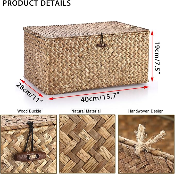 Hipiwe Wicker Shelf Baskets Bin with Lid, Handwoven Seagrass Basket Storage Bins Rectangular Household Basket Boxes for Shelf Wardrobe Home Organizer, Coffee X-Large