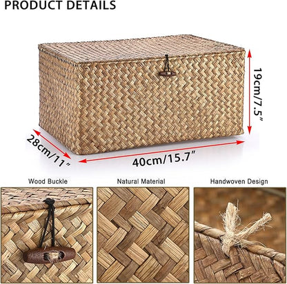 Hipiwe Wicker Shelf Baskets Bin with Lid, Handwoven Seagrass Basket Storage Bins Rectangular Household Basket Boxes for Shelf Wardrobe Home Organizer, Coffee X-Large