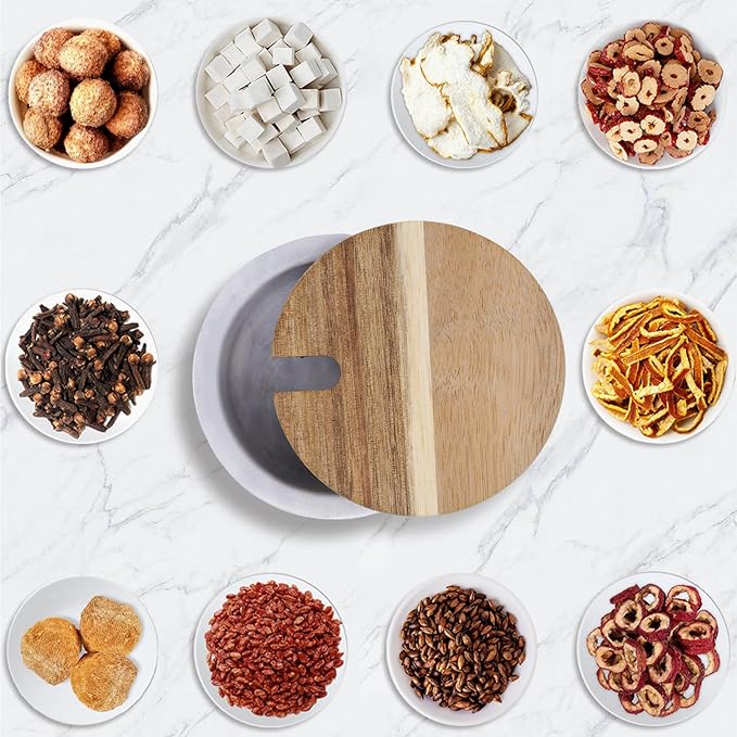 A salt cellar with a wooden lid and spoon,Elegant Kitchen Salt Container for Storage Pepper Spice Bath Salt Sea Salt