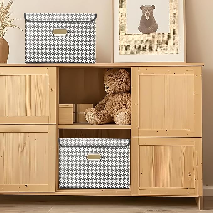 STOREONE Fabric Storage Cube Bins Foldable Organizer Container Collapsible Basket with Lids and Metal Handles, for Home, Bedroom, Closet 3 Pcs (Houndstooth)
