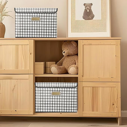 STOREONE Fabric Storage Cube Bins Foldable Organizer Container Collapsible Basket with Lids and Metal Handles, for Home, Bedroom, Closet 6 Pcs (Houndstooth)