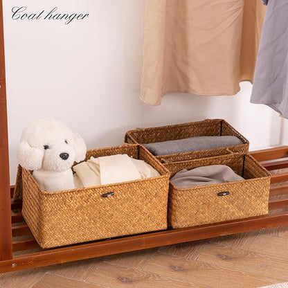 Nonam Storage Basket with Lid, Natural Seagrass Bin with Lid Set of 3, Shelf Baskets Multipurpose Container for Boho Decoration, Rectangular Household Storage Boxes for Home Organization-Natural