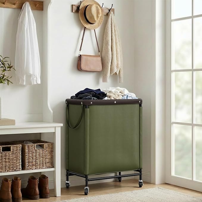 StorageWorks Laundry Hamper 2 Section, 100L Rolling Laundry Sorter Cart with Removable and Washable Liner Bag, Clothes Hamper with Wheels and Handle for Laundry Room and Bedroom, Green