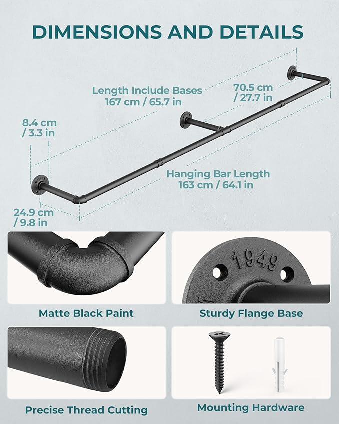 OROPY Clothes Rack, 65.7" Industrial Pipe Clothing Rack 2 Pack for Clothes, Wall Mounted Heavy Duty Space Saving Garment Rack for Closet Storage, Black, 3 Base