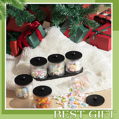 Vesici 6 Pack Bathroom Canisters Ribbed Apothecary Jars with Bamboo Lids 2 Bamboo Trays and 9 Label Stickers Cotton Swabs Holder Bathroom Organizer Storage Set Acrylic 18 oz Dispenser Container(Black)