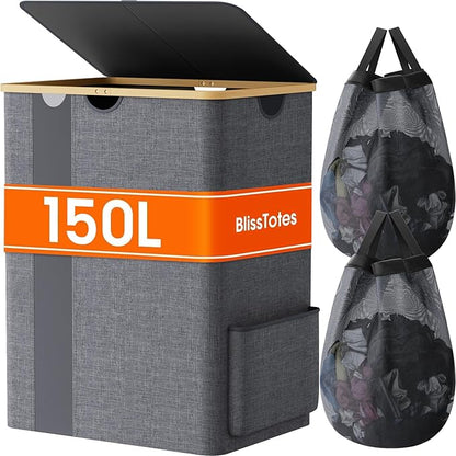 BlissTotes Laundry Basket with Lid, 150L Clothes Laundry Hamper with Handles and 2 Removable Laundry Bag, Breathable Design Hamper with Lid for Bedroom, Bathroom, Dorm, Laundry Room - Light Grey