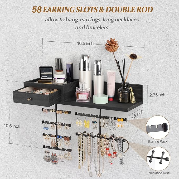 VINAEMO Jewelry Organizer Hanging Wall Mounted Jewelry Holder with Rustic Wood Drawer & Large Capacity Storage Shelf Rack Display for Earrings Rings Necklaces Bracelet(Black)