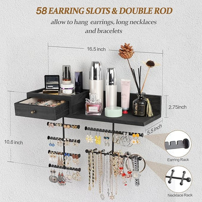 VINAEMO Jewelry Organizer Hanging Wall Mounted Jewelry Holder with Rustic Wood Drawer & Large Capacity Storage Shelf Rack Display for Earrings Rings Necklaces Bracelet(Black)