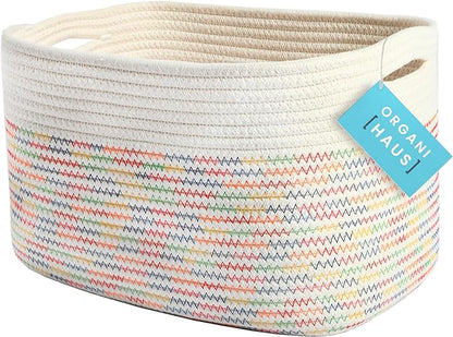 Rainbow Stitches Cotton Rope Basket for Shelf Storage - 15"×10"×9½" - Colorful Decorative Basket for Kids - Nursery, Playroom, Classroom - Toy Storage, Books, Towels