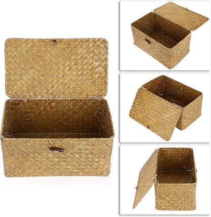 Hipiwe Wicker Shelf Baskets Bin with Lid, Handwoven Seagrass Basket Storage Bins Rectangular Household Basket Boxes for Shelf Wardrobe Home Organizer, Caramel Medium