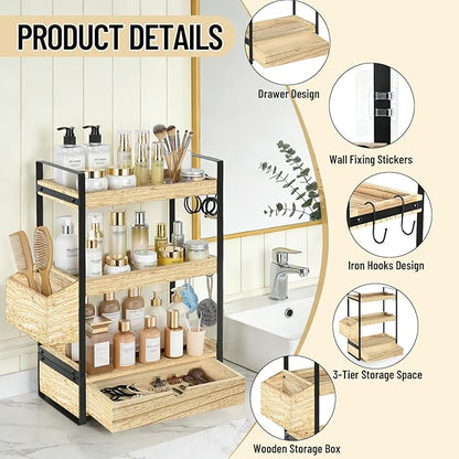 3-Tier Bathroom Counter Organizer with Drawer Basket and Hooks, Wood Bathroom Organizers and Storage for Countertop, Farmhouse Brown Countertop Organizer, Counter Shelf for Vanity, Kitchen,Office