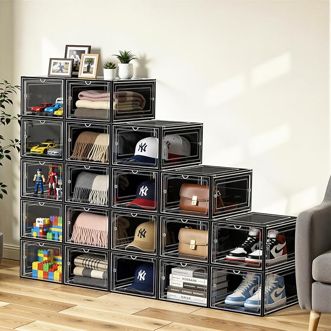 SCAVATA 6 Pack Hat Organizer Box, Stackable Clear Baseball Caps Holder Box Containers with Magnetic Door for Hats Snapback Cap Storag, Hat Rack Display Case, Holds 8 Hats Each (Black)