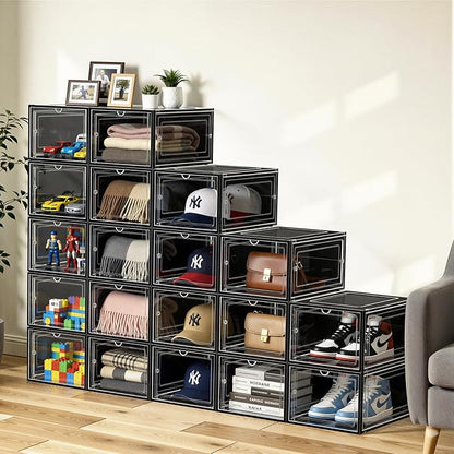 SCAVATA 6 Pack Hat Organizer Box, Stackable Clear Baseball Caps Holder Box Containers with Magnetic Door for Hats Snapback Cap Storag, Hat Rack Display Case, Holds 8 Hats Each (Black)