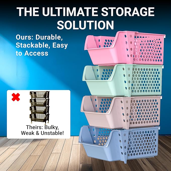 TidyFriend 4 Pack Stackable Storage Bins Open Front for Pantry Organizers and Storage, Plastic Storage Bins, Dorm Room Essentials, Pantry Storage for Snacks, Toiletries, and Small Essentials (Multi)