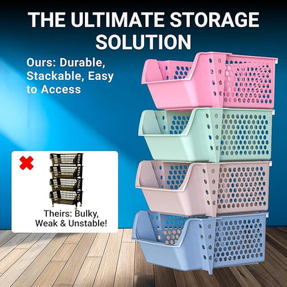 TidyFriend 4 Pack Stackable Storage Bins Open Front for Pantry Organizers and Storage, Plastic Storage Bins, Dorm Room Essentials, Pantry Storage for Snacks, Toiletries, and Small Essentials (Multi)