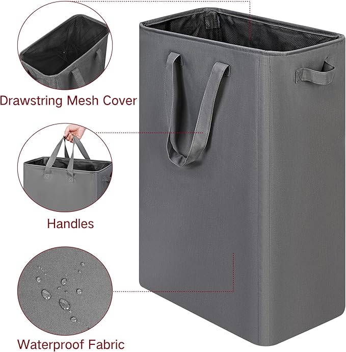 efluky Slim Laundry Basket, Narrow Laundry Hamper with Handles, Collapsible Dirty Clothes Hamper, Tall Laundry Bin for Laundry Room, Dorm and Bedroom, 19.8 Gallon (75L) Grey