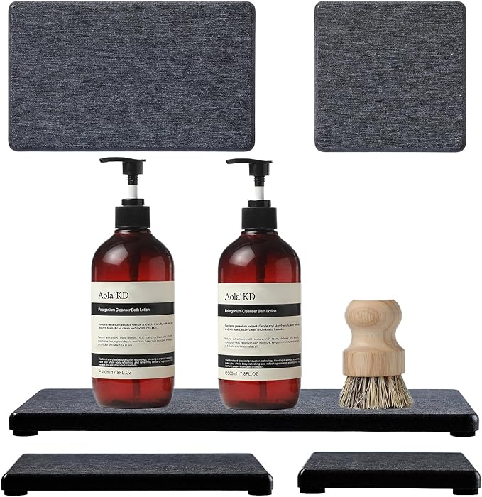 3PCS Water Absorbing Soap Dish Sponge Holder, Diatomite Stone Drying Tray Mat Sink Caddy for Kitchen Counter & Bathroom, Small Stone Bath Mat Faucet Accessories Organizer Protector,Dark Gray,9"x 3.5"