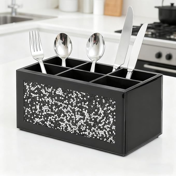 SHYFOY Silverware Holder, Kitchen Utensil Caddy with 6 Compartments, Cutlery Storage Organizer Countertop, Flatware Organizer for Party, Spoon, Fork Holder, Black