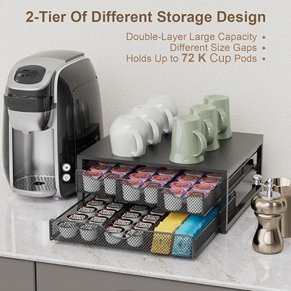 Coffee Pod Holder For Counter, 3 Pull-Out 72 K-Cup Holder Drawer, Wooden Cafe Pods Storage Organizer with Sliding Drawers for Coffee Station, Home, Kitchen, Office, Dorm (Black)
