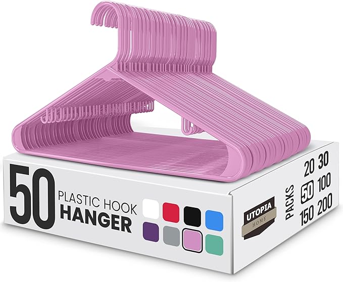 Utopia Home Plastic Hangers 50 Pack - Space Saving Clothes Hanger - Durable & Strong Closet Organizers and Storage with Built-in Strap Hooks - Essential for Shirts, Pants, Skirts & Coats (Pink)