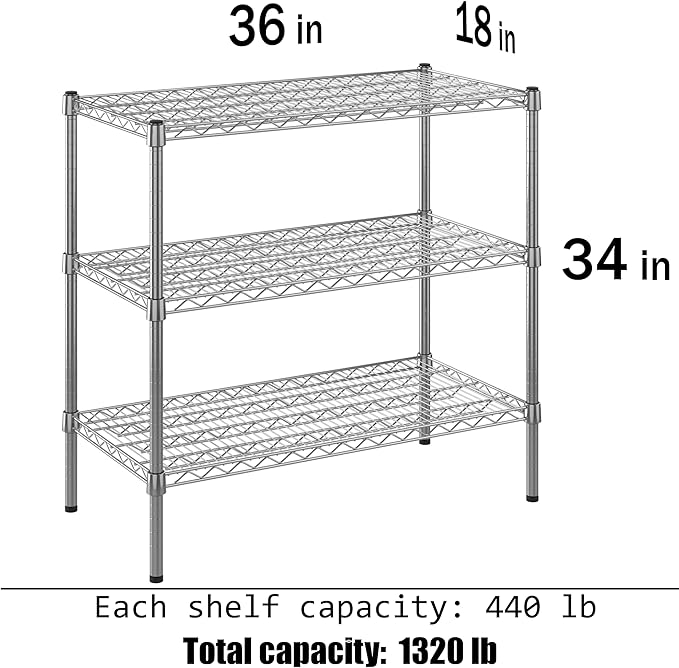 18" Deep x 36" Wide x 34" Height Wire Shelving Kit | 3-Tier | NSF Commercial Storage Rack Unit