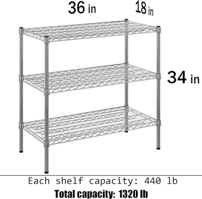 18" Deep x 36" Wide x 34" Height Wire Shelving Kit | 3-Tier | NSF Commercial Storage Rack Unit