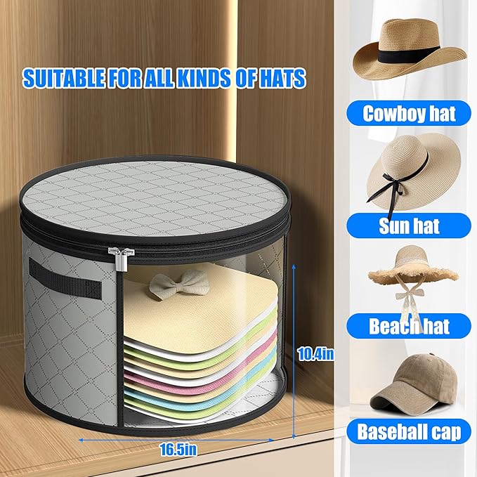 Veki 2pack Clear Hat Organizer for Closet, Hat Boxes for Women Storage With Dustproof Lids, Hat Box for Travel and Storage, Cowboy Hat, Stackable Round Brim Hats Organizer Bag Container (Pure Gray)