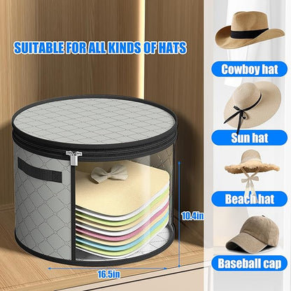 Veki 2pack Clear Hat Organizer for Closet, Hat Boxes for Women Storage With Dustproof Lids, Hat Box for Travel and Storage, Cowboy Hat, Stackable Round Brim Hats Organizer Bag Container (Pure Gray)
