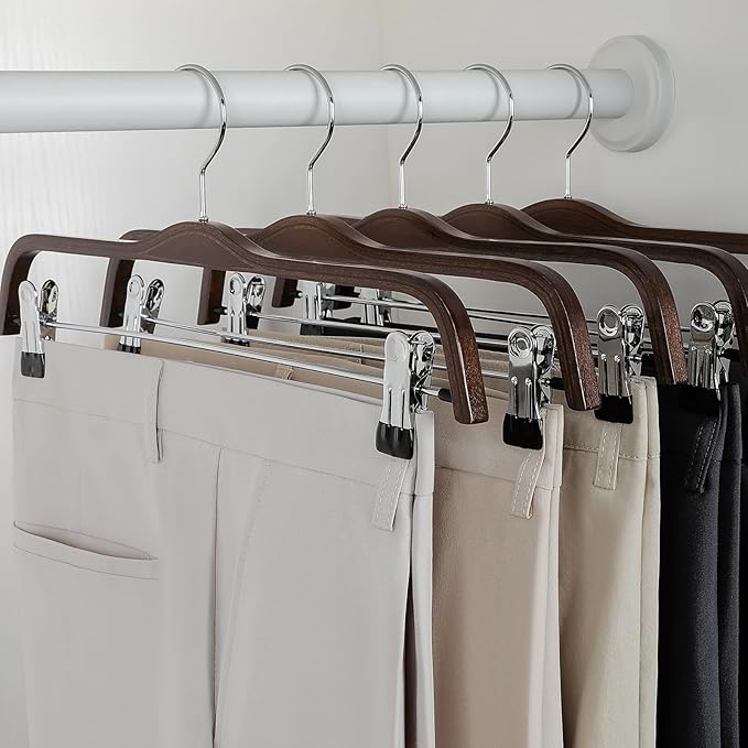 TOPIA HANGER Wooden Pants Hangers, Slim Natural Wood Skirt Hangers with Anti-Rust Hook and Adjustable Metal Clips, Perfect for Skirts, Pants, Slacks-20 Pack-CT17A20