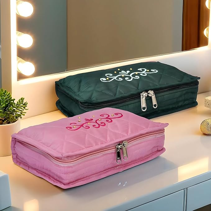 Kuber Industries Embroidery Design Satin Jewellery Pouch Cum Makeup Kit, Pack of 2 (Green & Pink)