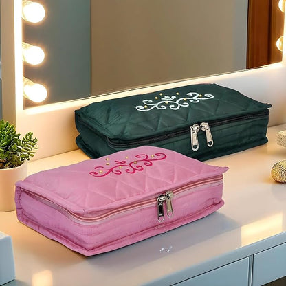 Kuber Industries Embroidery Design Satin Jewellery Pouch Cum Makeup Kit, Pack of 2 (Green & Pink)