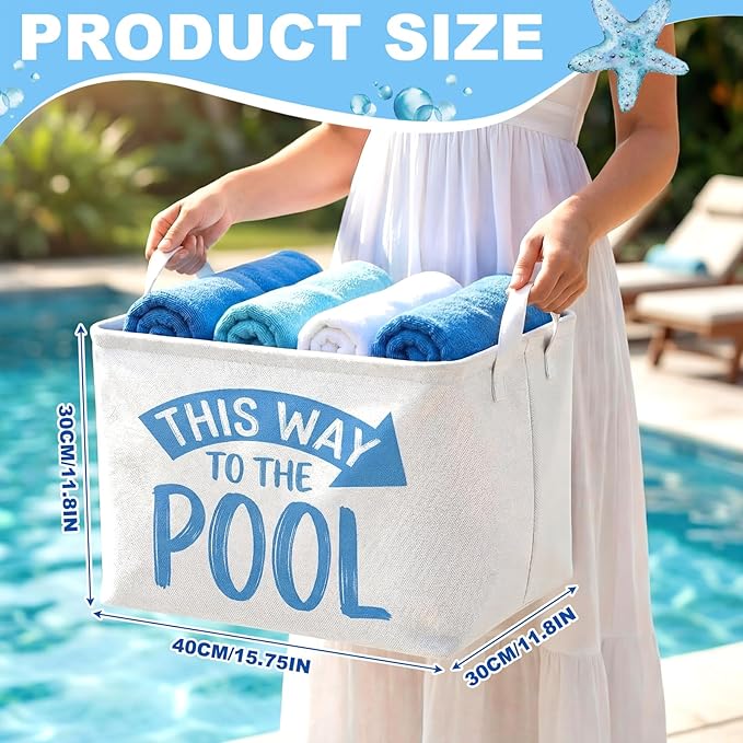 Yungyan This Way to The Pool Towel Storage Basket Bin and Organizer Large Pool Towel Storage Basket Waterproof Canvas Cube with Handle Beach Gift for Outdoor Summer Seaside Home Clothes Book Toy