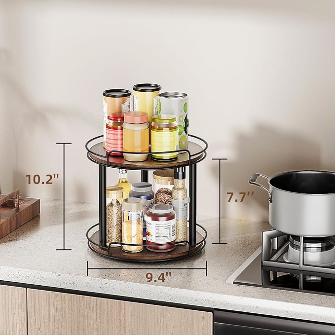LAMU 9'' Wood Lazy Susan Turntable Organizer for Cabinet, 2 Tier Lazy Susan Spice Rack Organizer for Kitchen, Table Top, Countertop, Pantry, Medicine Organizer