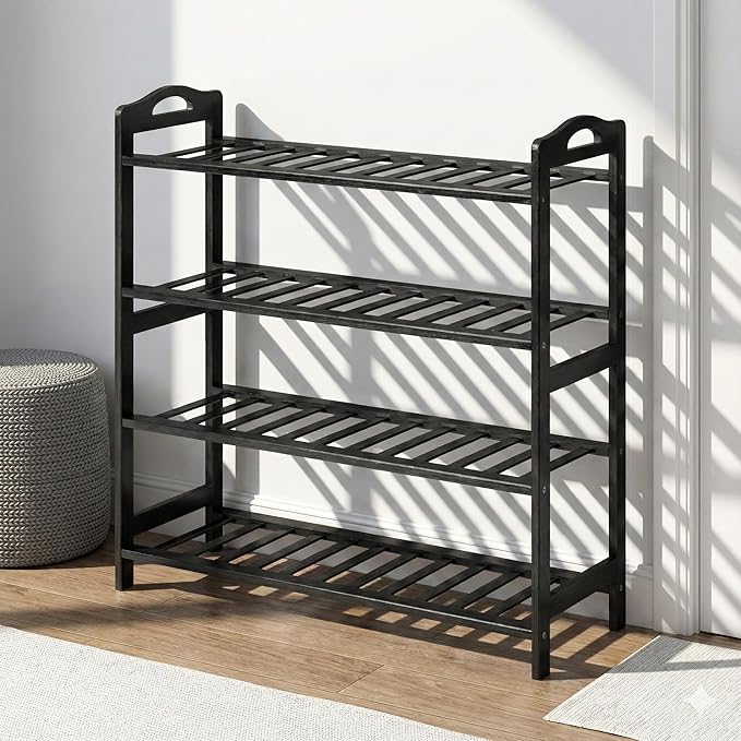 Bamboo Wooden Shoe Rack, Shoe Organizer with Smooth Painted Surface Finishe, Space-Saving Shoe Shelf for Entryway, Living Room, Bedroom (Dark, 4-Tier-27x10x29in)