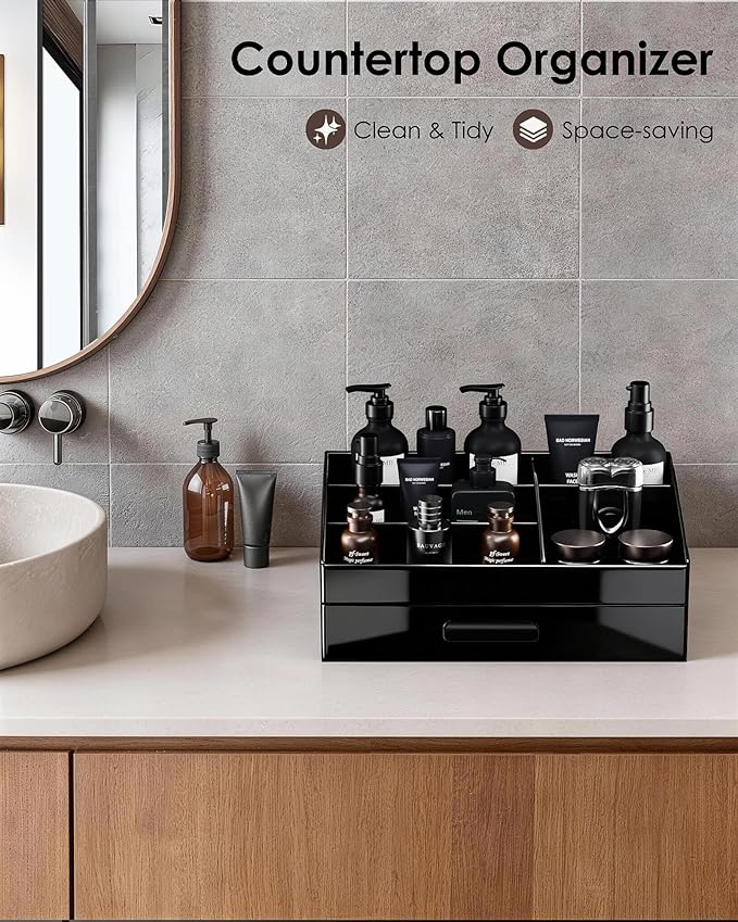 ProCase Cologne Organizer with Drawer, Acrylic Perfume Holder & Bathroom Countertop Organizer for Men & Women, Dresser Vanity Storage for Cologne, Perfume and Skincare -1 Layer