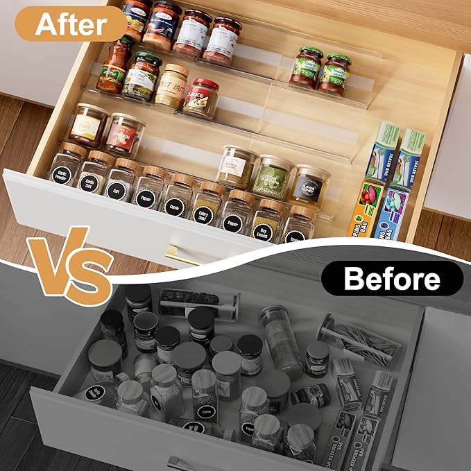 8-Pack Spice Drawer Organizer, Expandable Acrylic Seasoning Rack (13" to 26") with Anti-Slip Mat, Kitchen Spice Rack Holds up to 56 Jars (Jars Not Included)