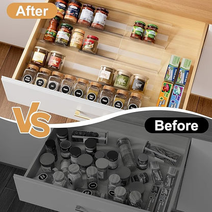8-Pack Spice Drawer Organizer, Expandable Acrylic Seasoning Rack (13" to 26") with Anti-Slip Mat, Kitchen Spice Rack Holds up to 56 Jars (Jars Not Included)